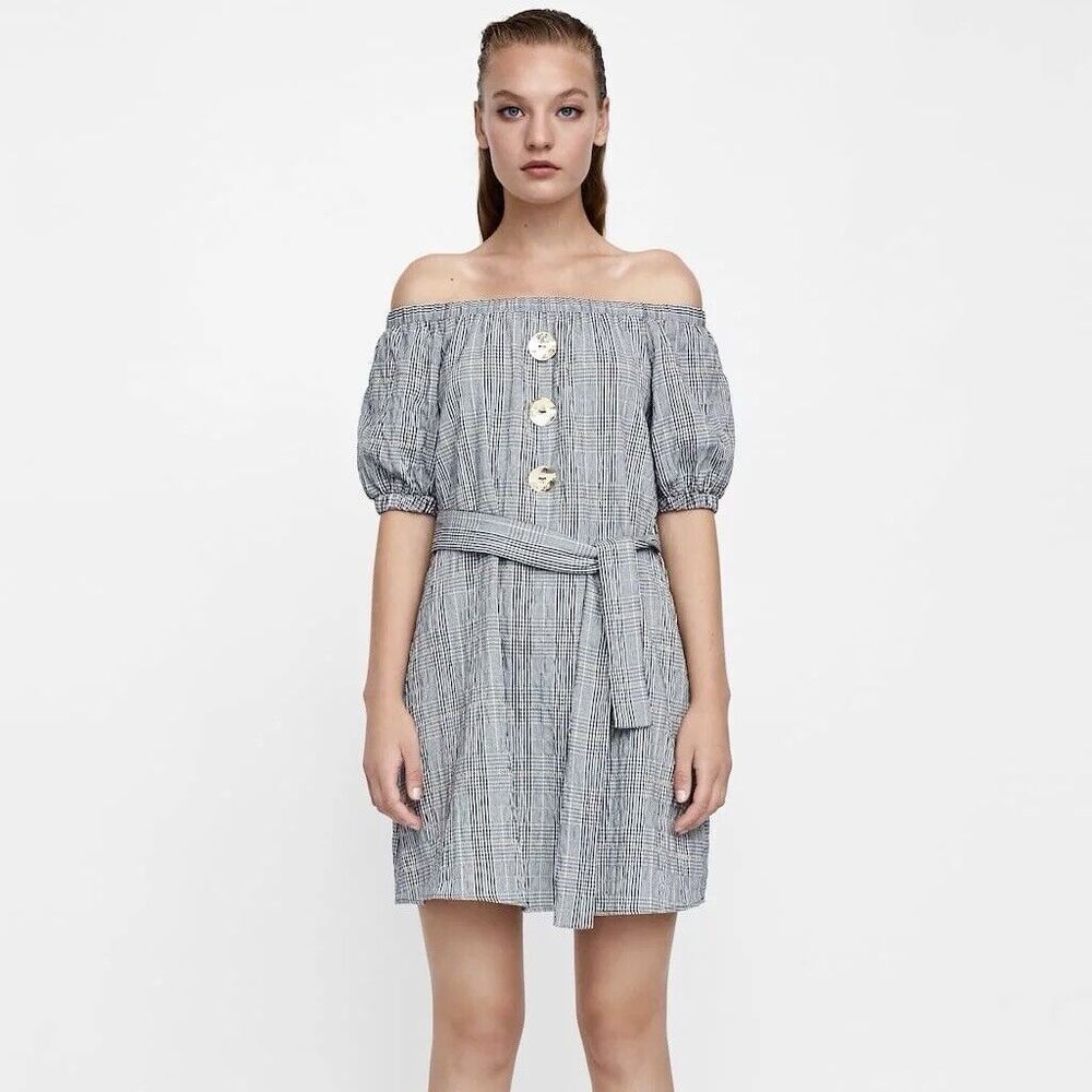 Zara Basic Size Small Plaid Off‎ The Shoulder Puff Sleeve Mini Belted Dress
